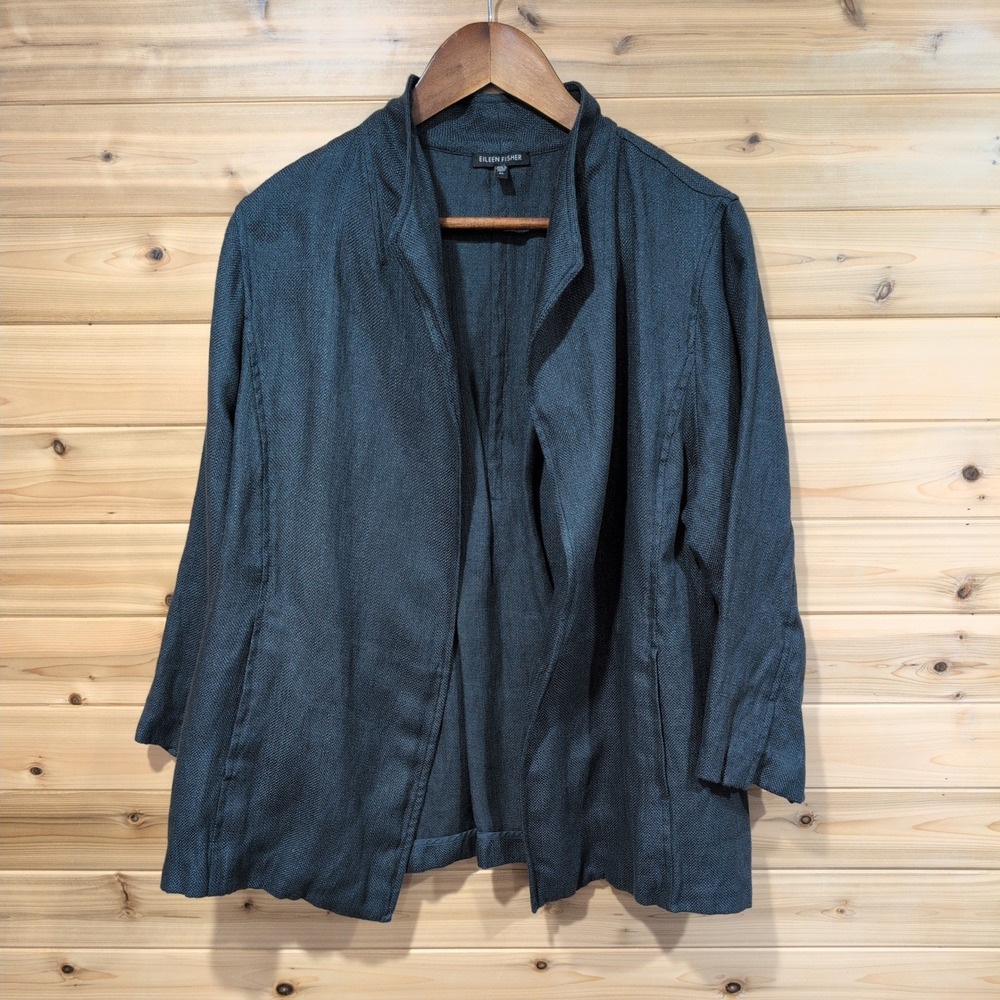 Eileen Fisher XL Charcoal Gray Linen Blend Open Front Jacket R2LBS-4